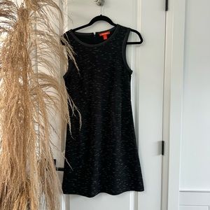 Black shift dress with vegan patent leather edging